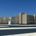 Modern Industrial Factory Building Exterior With Multi Story Structure Street Lamps And Metal Panels