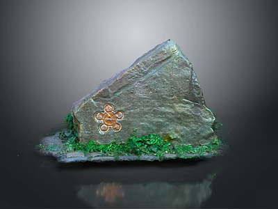 Wooden Base Natural Stone Ornament with Copper Pattern and Green Moss Reflection 3d model