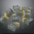 Stacked US Dollar Bills Bundled With Yellow Tape On Black Surface