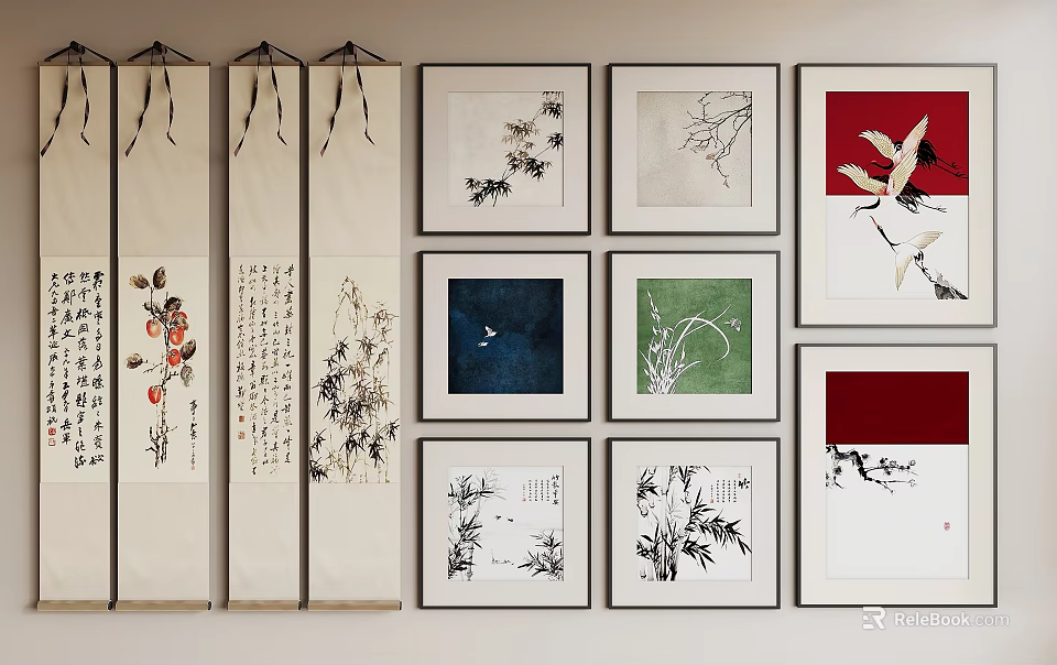Chinese Traditional Art Collection With Scroll Paintings Framed Artworks And Floral Bird Designs 3d model 