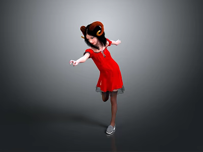 Little Girl In Red Dress With Horned Headdress Dancing Gracefully Against Gray Background 3d model