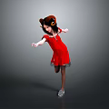 Little Girl In Red Dress With Horned Headdress Dancing Gracefully Against Gray Background