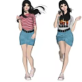 Two Women in Red Striped and Flamingo Print Tops with Denim Skirts Posing Dynamically
