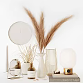 Modern Decorative Ornament Set With Pampas Grass Round Clock Woven Vases Candle And Ceramic Lamp