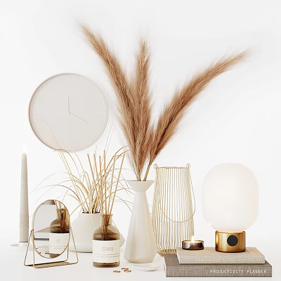Modern Decorative Ornament Set With Pampas Grass Round Clock Woven Vases Candle And Ceramic Lamp 3d model
