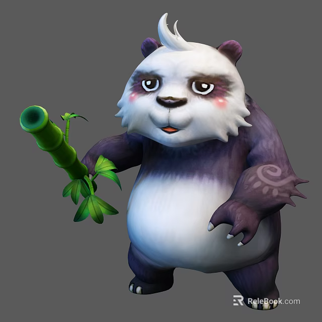 Cute Animated Panda Character Holding Green Bamboo With Tribal Arm Markings And Fluffy Fur 3d model 