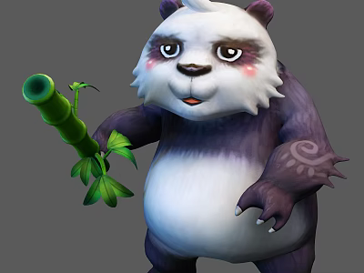 Cute Animated Panda Character Holding Green Bamboo With Tribal Arm Markings And Fluffy Fur 3d model