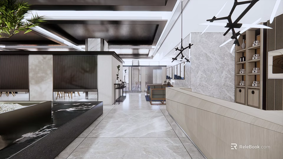 Modern Hotel Lobby Interior With Marble Walls Reception Desk And Stylish Chandeliers 3d model 