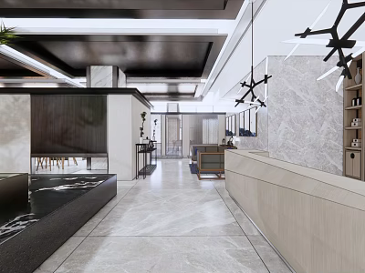 Modern Hotel Lobby Interior With Marble Walls Reception Desk And Stylish Chandeliers 3d model