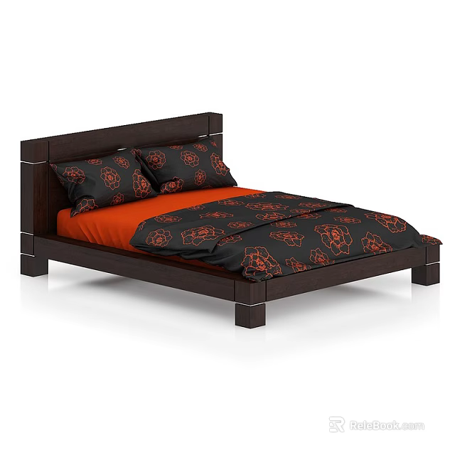 Stylish Double Bed with Dark Wooden Headboard Orange Sheet and Black Patterned Quilt 3d model 