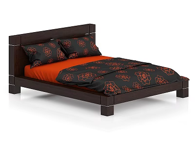 Stylish Double Bed with Dark Wooden Headboard Orange Sheet and Black Patterned Quilt 3d model