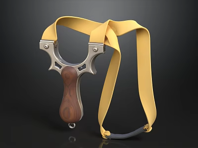 Durable Slingshot With Yellow Rubber Bands Silver Metal Frame And Wooden Handle 3d model