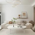 Modern Open Living and Dining Area With White Sofa Round Coffee Table TV Pendant Lights