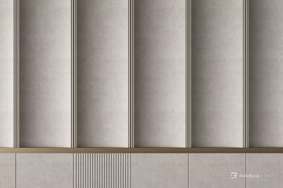 Gray Vertical Striped Background Wall Design With Gold Decorative Strip And Bottom Striped Panels 3d model 