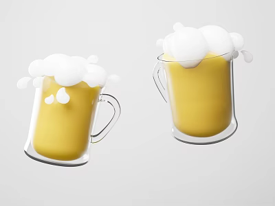 Two Transparent Mugs of Frothy Yellow Beverage with Overflowing White Foam 3d model