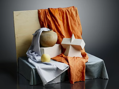 Still Life Composition With Orange Gray Fabrics Clay Pot Geometric Shape And Wooden Board 3d model