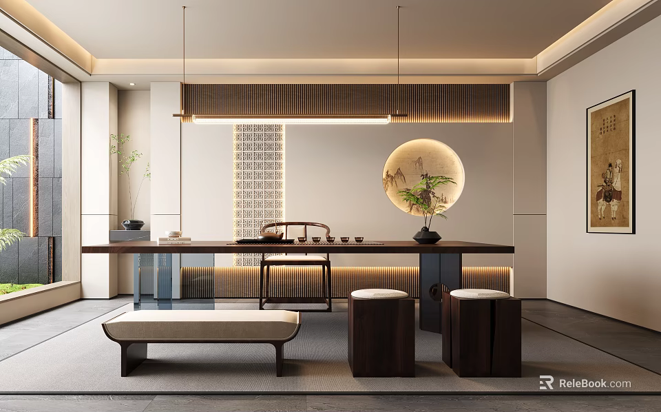 Traditional Chinese Tea Room Interior With Long Table Stools Circular Decoration And Pendant Lights 3d model 