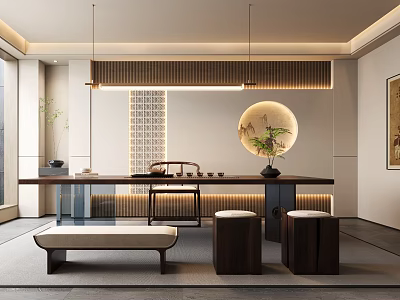 Traditional Chinese Tea Room Interior With Long Table Stools Circular Decoration And Pendant Lights 3d model