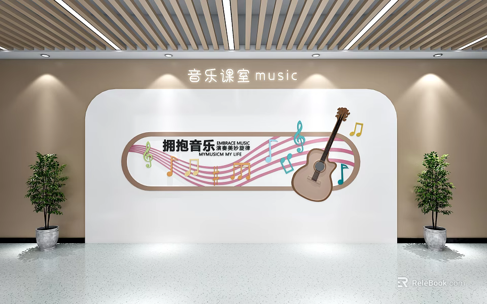 Music Themed Wall Decor With Guitar And Musical Notes For Music Classroom 3d model 