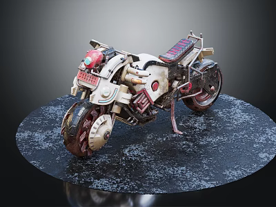 Vintage Weathered Motorcycle With Mechanical Details Red Beige Accents Metal Parts Circular Speckled Platform 3d model