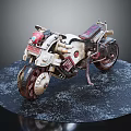 Vintage Weathered Motorcycle With Mechanical Details Red Beige Accents Metal Parts Circular Speckled Platform