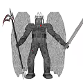 Detailed Metallic Decorative Figurine Set With Armor Wings Scythe And Sword