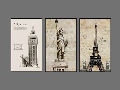 Vintage Landmark Paintings with Big Ben Statue of Liberty and Eiffel Tower as Decorative Art 3d model