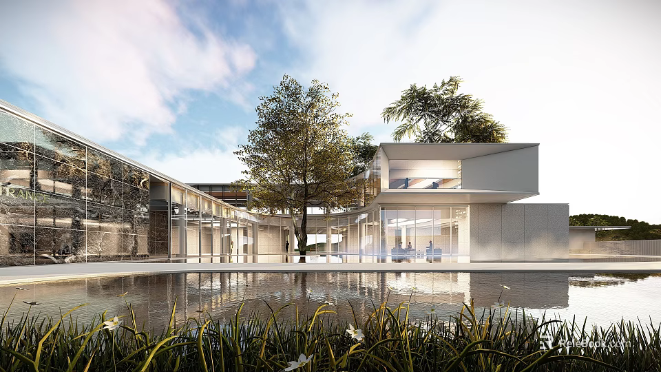 Modern Commercial Street Architecture With Water Feature Green Plants And Glass Curtain Walls 3d model 