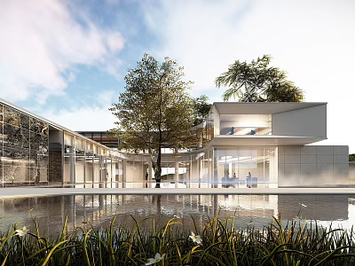 Modern Commercial Street Architecture With Water Feature Green Plants And Glass Curtain Walls 3d model