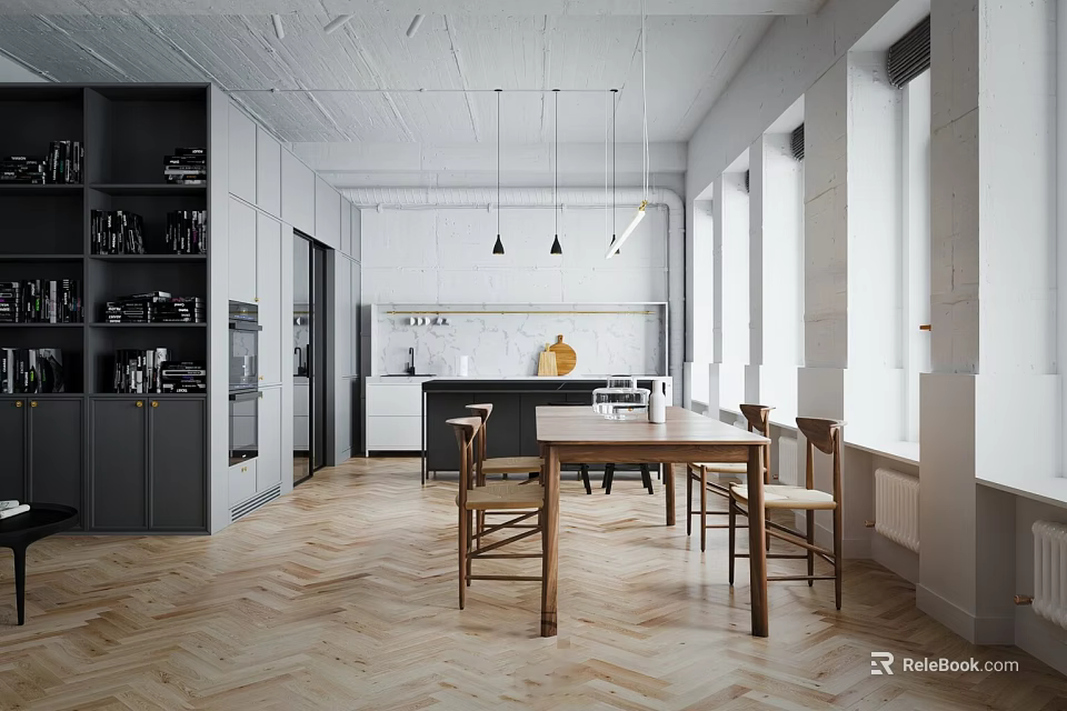 Modern Apartment Interior With Kitchen Dining Table And Herringbone Floor 3d model 