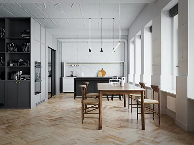 Modern Apartment Interior With Kitchen Dining Table And Herringbone Floor 3d model