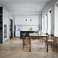 Modern Apartment Interior With Kitchen Dining Table And Herringbone Floor 3d model