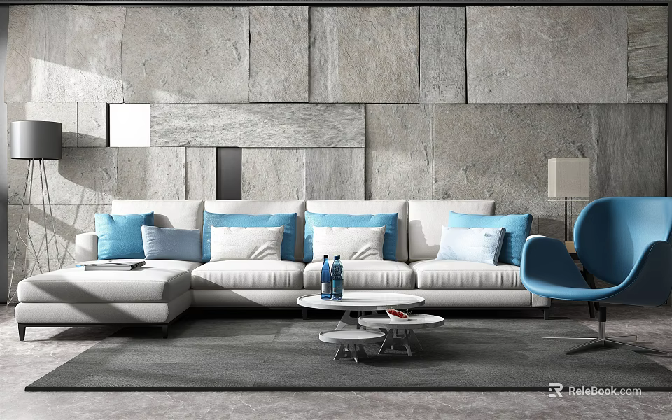 Modern Light Colored Sofa With Blue Pillows And Coffee Table Set By Gray Textured Wall 3d model
