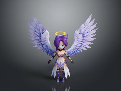 Cute Angel Character With Purple Hair Halo Purple And White Wings And Ornamental Outfit 3d model