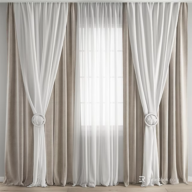 Elegant White And Beige Curtains With Sheer Panels And Ring Tiebacks For Window 3d model 