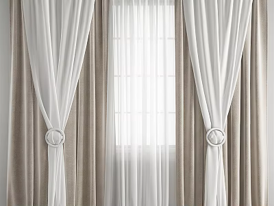 Elegant White And Beige Curtains With Sheer Panels And Ring Tiebacks For Window 3d model