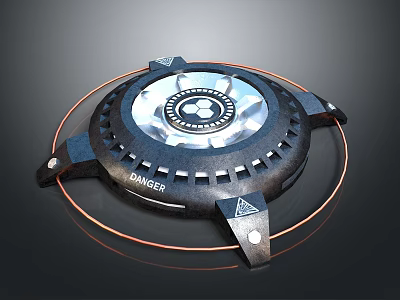 Advanced Circular Weapon Device With Danger Sign Metal Components And Orange Lines 3d model