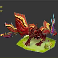 Red Dragon Game Movie Character with Colorful Wings and Tail on Green Platform with Plants