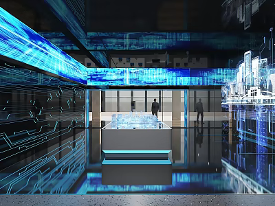 Modern High Tech Exhibition Hall With Blue Lighting Digital Lines Display Platform And Visitors 3d model