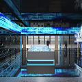 Modern High Tech Exhibition Hall With Blue Lighting Digital Lines Display Platform And Visitors