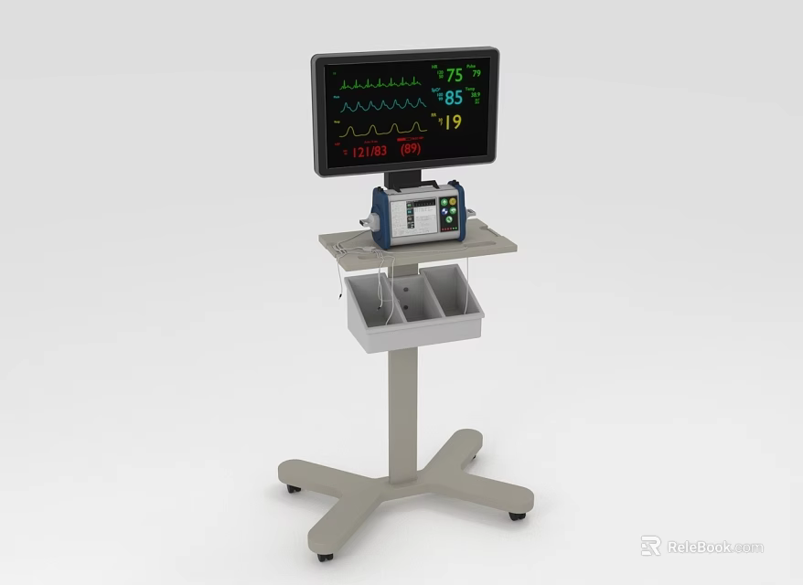 Medical Device Vital Signs Monitor with Digital Display Mobile Stand and Storage Tray 3d model 