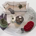 Modern Beige Sofa with Pillows Round Coffee Table and Patterned Rug Green Armchair Red Ottoman