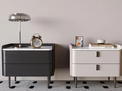 Black and white bedside tables with lamp alarm clock photo frame books and cup 3d model