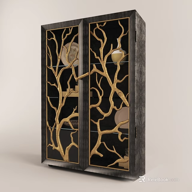 Black And Gold Console Cabinet With Branch Pattern Glass Doors Modern Design 3d model 