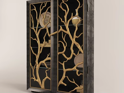Black And Gold Console Cabinet With Branch Pattern Glass Doors Modern Design 3d model