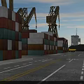 Colorful Container Scenery With Yellow Forklift Under Blue Sky Along Gray Road