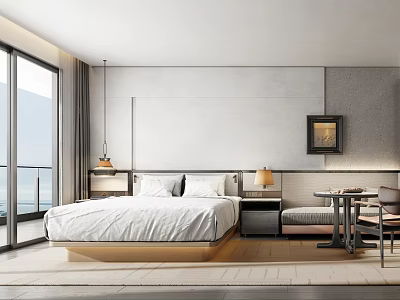 Modern Hotel Room Interior With Large Bed Nightstands Table Lamps Large Windows And Wall Painting 3d model