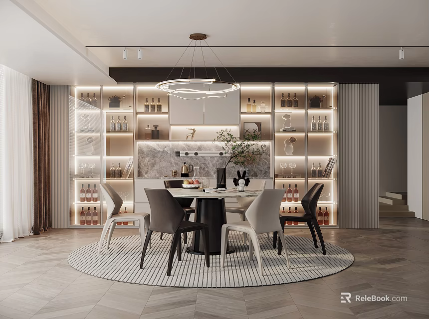 Elegant Modern Restaurant Interior With Round Dining Table Chairs Wine Racks Shelves And Chandelier 3d model 