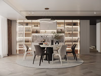 Elegant Modern Restaurant Interior With Round Dining Table Chairs Wine Racks Shelves And Chandelier 3d model