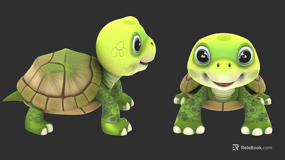 Two Green Cartoon Sea Turtles With Big Eyes Smiling Faces And Shell Patterns 3d model